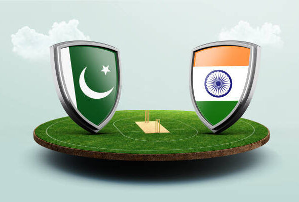 India vs Pakistan cricket flags with shield celebration stadium 3d illustration